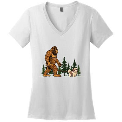 Shih Tzu Bigfoot Dog Walking Dog Mom Dad Women's V-Neck T-Shirt
