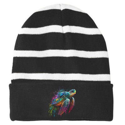 Sea Turtle Beach Lover Ocean Animal Novelty Striped Beanie with Solid Band