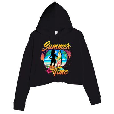 Summer Time Beach Vibes Print Crop Fleece Hoodie