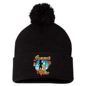 Summer Time Beach Vibes Print Pom Pom 12in Knit Beanie