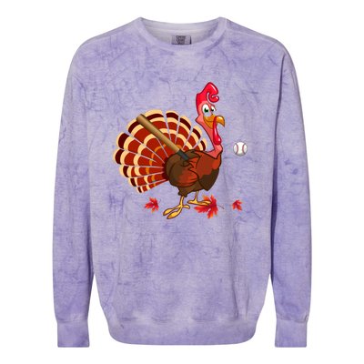 Swinging Turkey Baseball Player Thanksgiving Cute Gift Colorblast Crewneck Sweatshirt