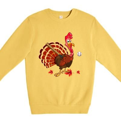 Swinging Turkey Baseball Player Thanksgiving Cute Gift Premium Crewneck Sweatshirt