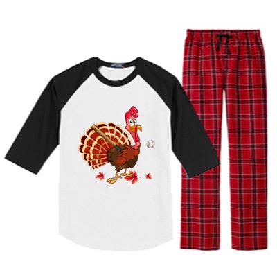 Swinging Turkey Baseball Player Thanksgiving Cute Gift Raglan Sleeve Pajama Set