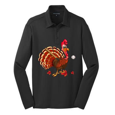 Swinging Turkey Baseball Player Thanksgiving Cute Gift Silk Touch Performance Long Sleeve Polo