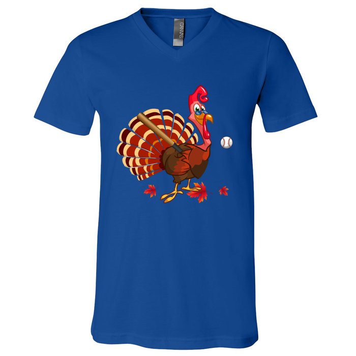 Swinging Turkey Baseball Player Thanksgiving Cute Gift V-Neck T-Shirt