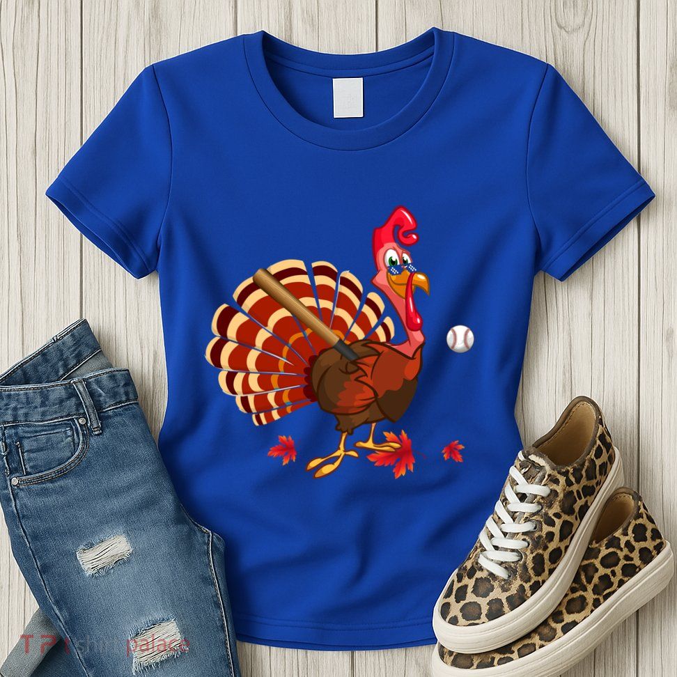 Swinging Turkey Baseball Player Thanksgiving Cute Gift Womens T-Shirt