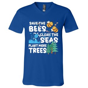 Save The Bees Clean The Seas Plant More Trees Earth Day Cool Gift V-Neck T-Shirt