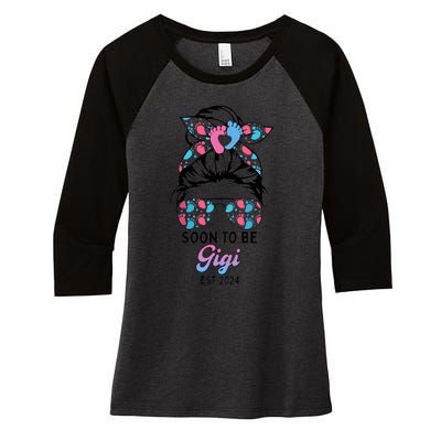 Soon To Be Gigi Est 2024 Messy Bun Pregnancy Announcement Women's Tri-Blend 3/4-Sleeve Raglan Shirt