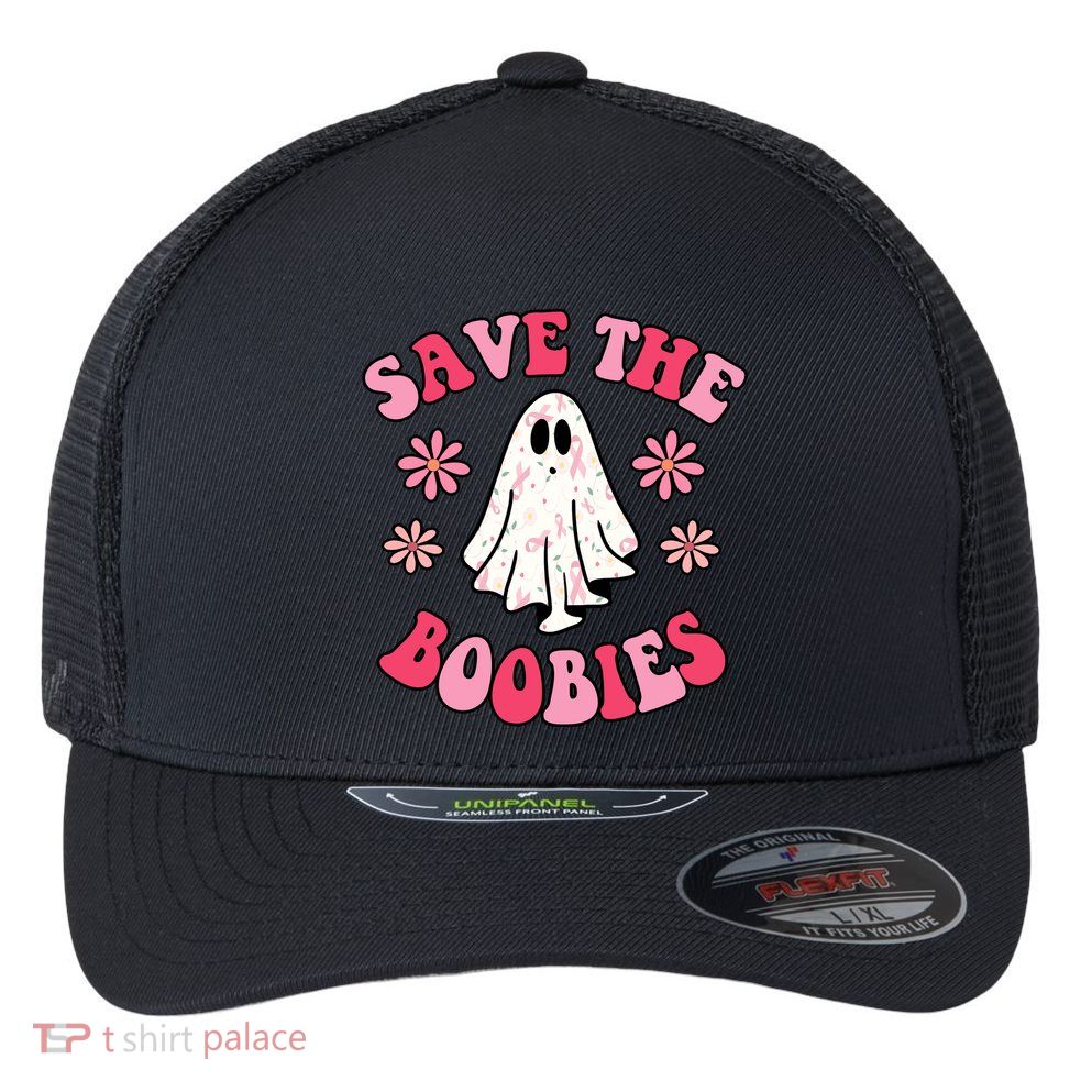 Save The Boobies Breast Cancer Groovy Ghost Flexfit Unipanel Trucker Cap