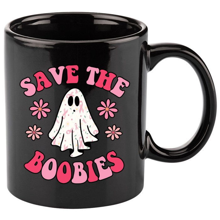 Save The Boobies Breast Cancer Groovy Ghost 11oz C Handle Ceramic Mug