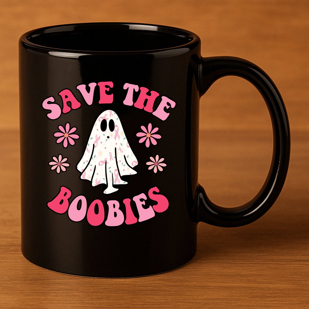Save The Boobies Breast Cancer Groovy Ghost 11oz C Handle Ceramic Mug