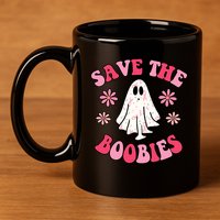Save The Boobies Breast Cancer Groovy Ghost 11oz C Handle Ceramic Mug