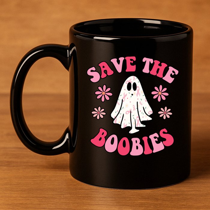 Save The Boobies Breast Cancer Groovy Ghost 11oz C Handle Ceramic Mug