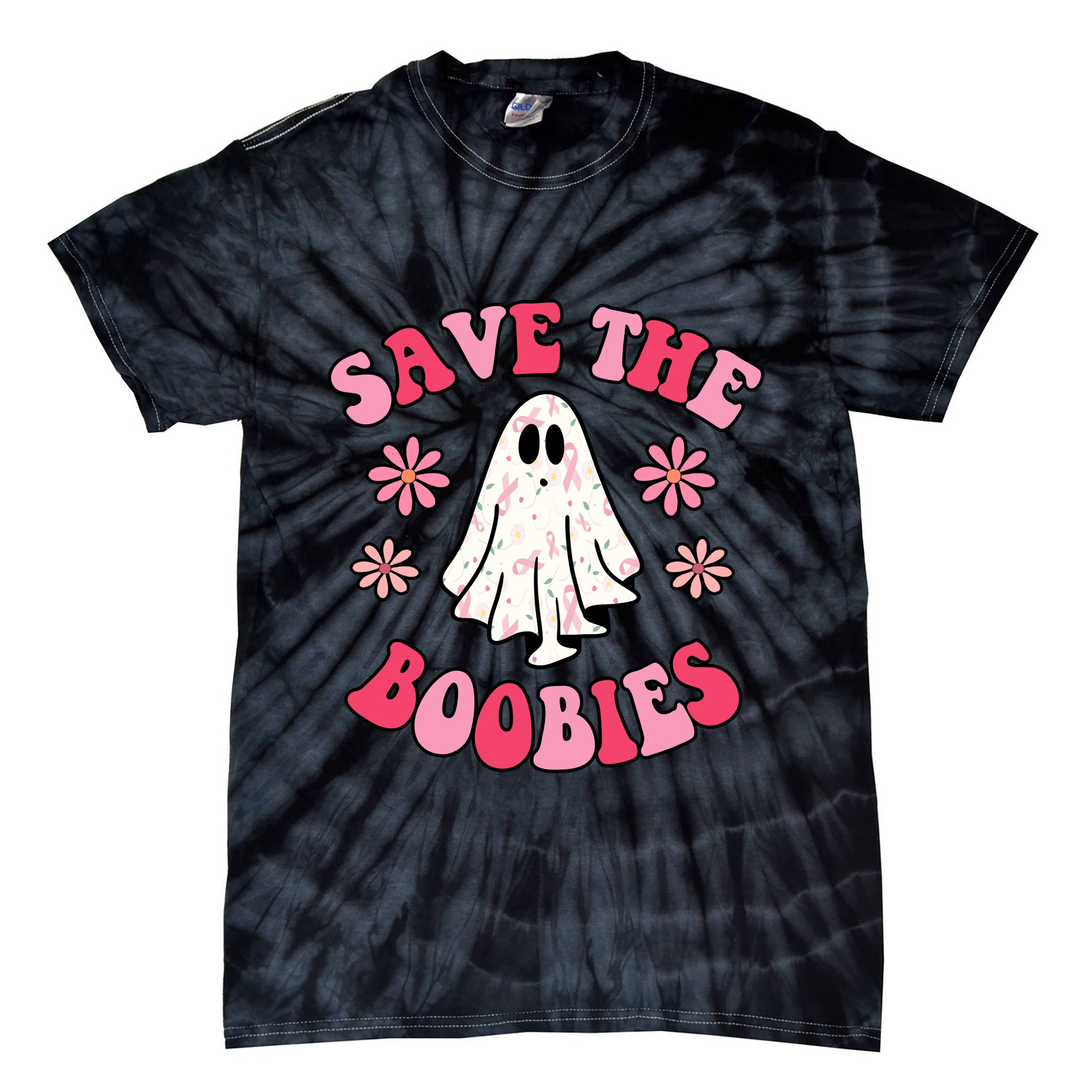 Save The Boobies Breast Cancer Groovy Ghost Tie-Dye T-Shirt