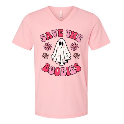 Save The Boobies Breast Cancer Groovy Ghost V-Neck T-Shirt