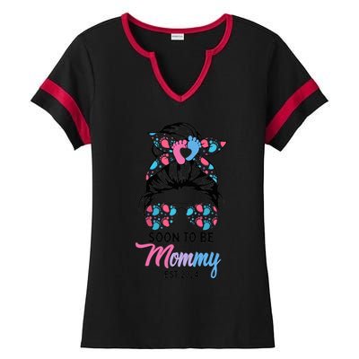 Soon To Be Mommy Est 2024 Messy Bun Pregnancy Announcement Ladies Halftime Notch Neck Tee