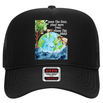 Save The Bees Environmental Protection Earth Day Climate High Crown Mesh Back Trucker Hat