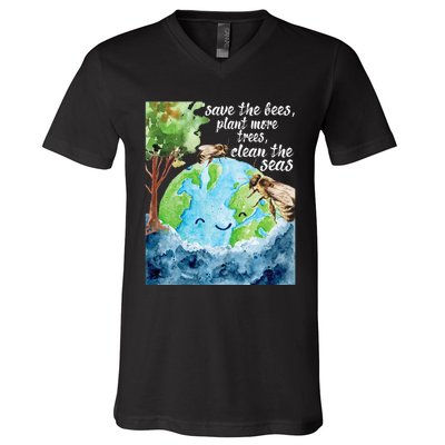 Save The Bees Environmental Protection Earth Day Climate V-Neck T-Shirt