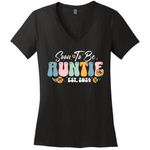 Soon To Be Auntie Est 2024 New Aunt Pregnancy Announcement Women's V-Neck T-Shirt