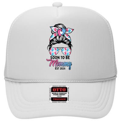 Soon To Be Mommy Est 2024 Messy Bun Pregnancy Announcement High Crown Mesh Back Trucker Hat