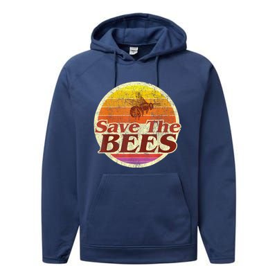 Save The Bees Funny Vintage Retro Distressed Performance Fleece Hoodie