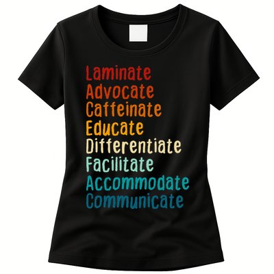 Sped Teacher Caffeinate Advocate Laminate Educate Teacher Womens T-Shirt