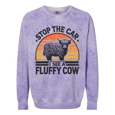 Stop The Car I See Fluffy Cow Retro Highland Cow Lover Funny Gift Colorblast Crewneck Sweatshirt