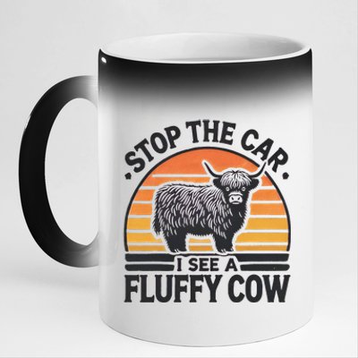 Stop The Car I See Fluffy Cow Retro Highland Cow Lover Funny Gift 11oz Black Color Changing Mug