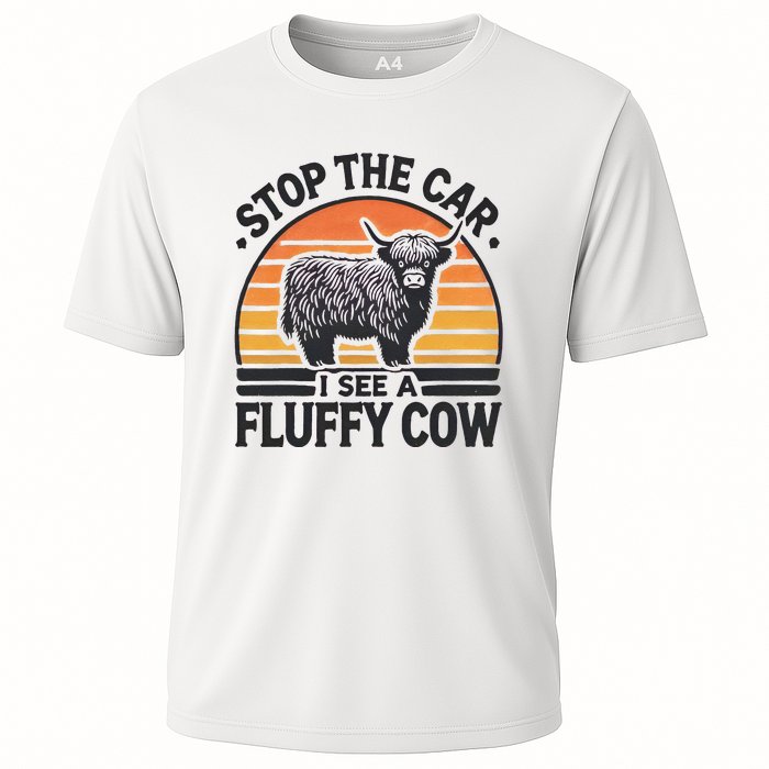 Stop The Car I See Fluffy Cow Retro Highland Cow Lover Funny Gift Cooling Performance Crew T-Shirt