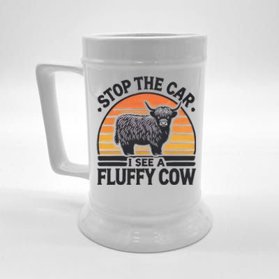 Stop The Car I See Fluffy Cow Retro Highland Cow Lover Funny Gift Beer Stein