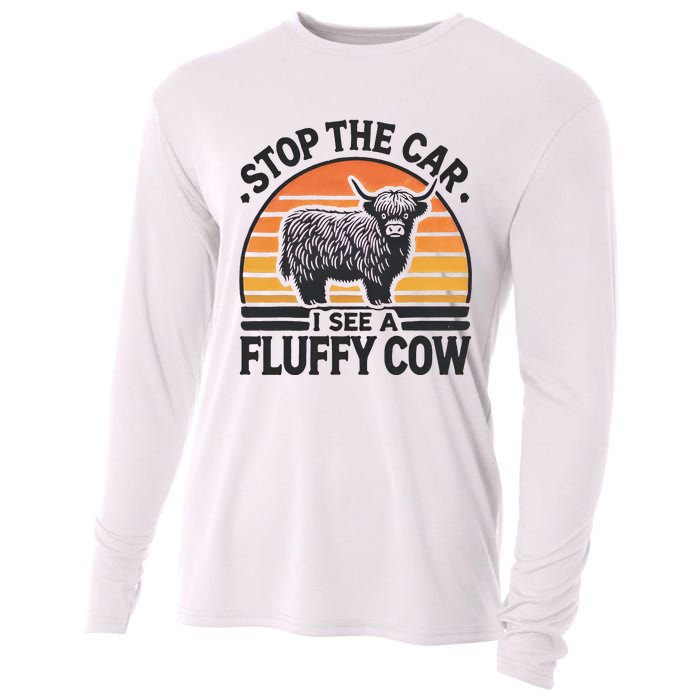 Stop The Car I See Fluffy Cow Retro Highland Cow Lover Funny Gift Cooling Performance Long Sleeve Crew