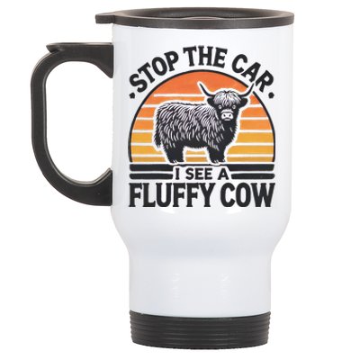 Stop The Car I See Fluffy Cow Retro Highland Cow Lover Funny Gift Stainless Steel Travel Mug