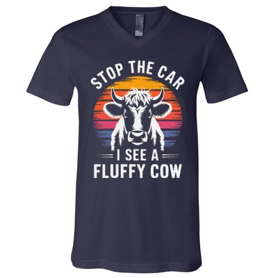 Stop The Car I See Fluffy Cow Retro Highland Cow Lover Funny V-Neck T-Shirt