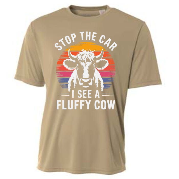 Stop The Car I See Fluffy Cow Retro Highland Cow Lover Funny Cooling Performance Crew T-Shirt