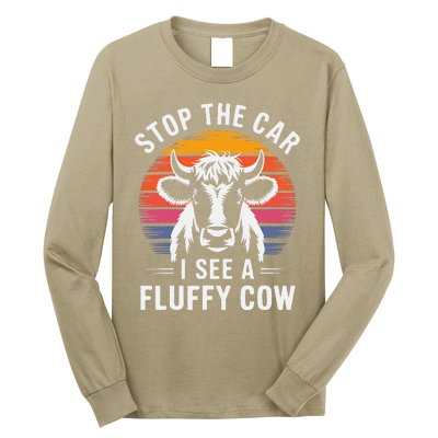 Stop The Car I See Fluffy Cow Retro Highland Cow Lover Funny Long Sleeve Shirt