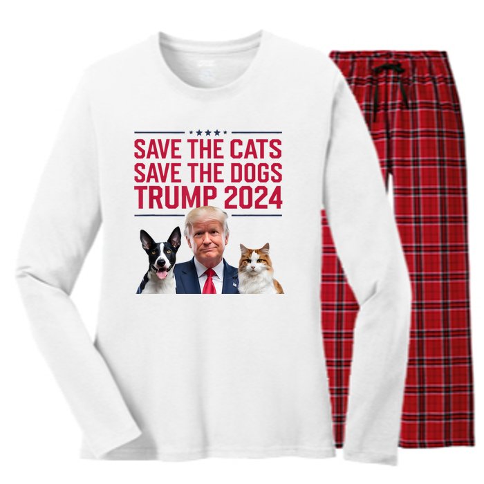 Save The Cats Save The Dogs Trump 2024 Pet Lovers Statement Women's Long Sleeve Flannel Pajama Set 