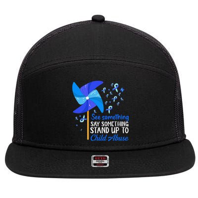 Standup To Child Abuse Prevention Awareness Blue Pinwheel 7 Panel Mesh Trucker Snapback Hat