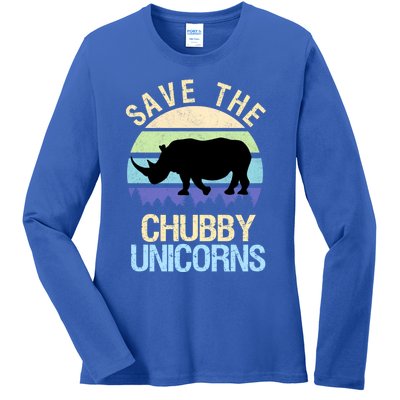 Save The Chubby Unicorns Retro Style Rhino Gift Ladies Long Sleeve Shirt