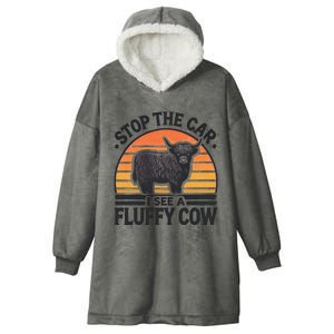 Stop The Car I See Fluffy Cow Retro Highland Cow Lover Hooded Wearable Blanket