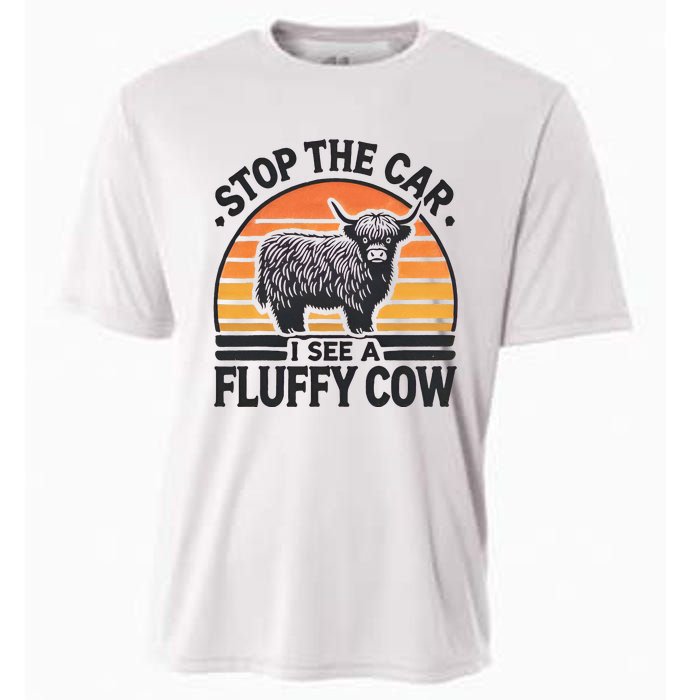 Stop The Car I See Fluffy Cow Retro Highland Cow Lover Cooling Performance Crew T-Shirt