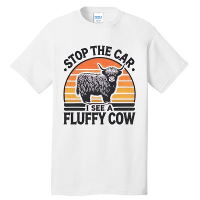 Stop The Car I See Fluffy Cow Retro Highland Cow Lover Tall T-Shirt