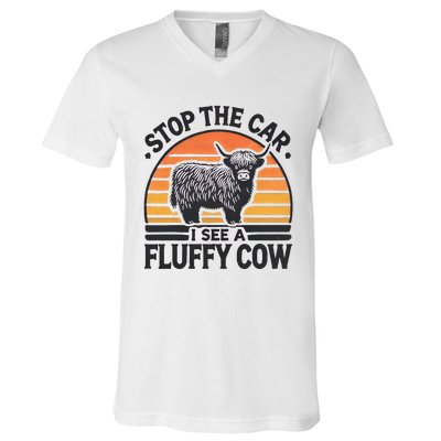 Stop The Car I See Fluffy Cow Retro Highland Cow Lover V-Neck T-Shirt