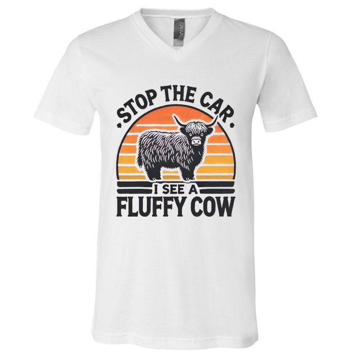 Stop The Car I See Fluffy Cow Retro Highland Cow Lover V-Neck T-Shirt