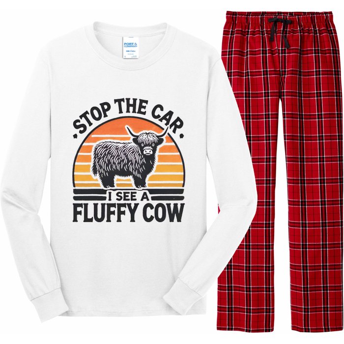 Stop The Car I See Fluffy Cow Retro Highland Cow Lover Long Sleeve Pajama Set