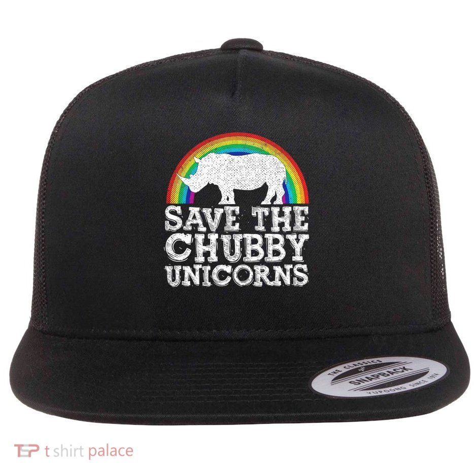 Save The Chubby Unicorns Gift Rhino Conservation Rainbow Flat Bill Trucker Hat
