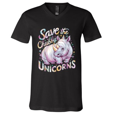 Save The Chubby Unicorns Funny Rhino Rhinoceros V-Neck T-Shirt