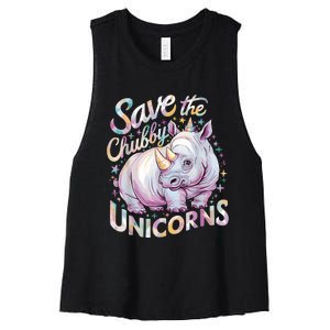 Save The Chubby Unicorns Funny Rhino Rhinoceros Women's Racerback Cropped Tank