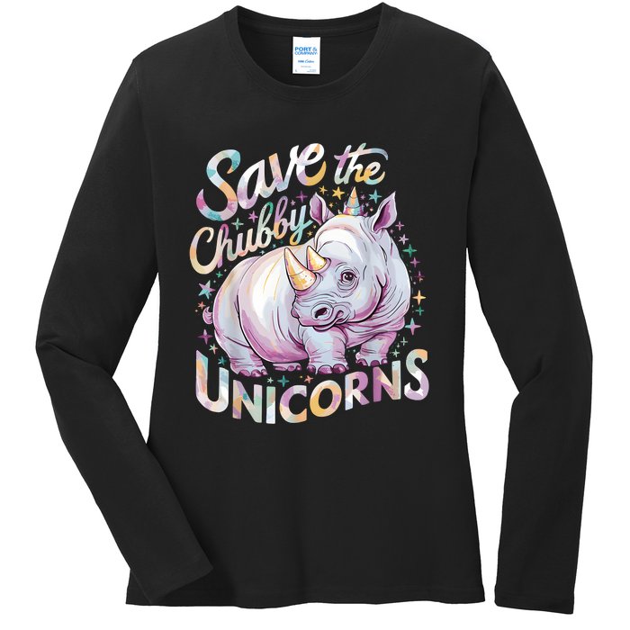 Save The Chubby Unicorns Funny Rhino Rhinoceros Ladies Long Sleeve Shirt