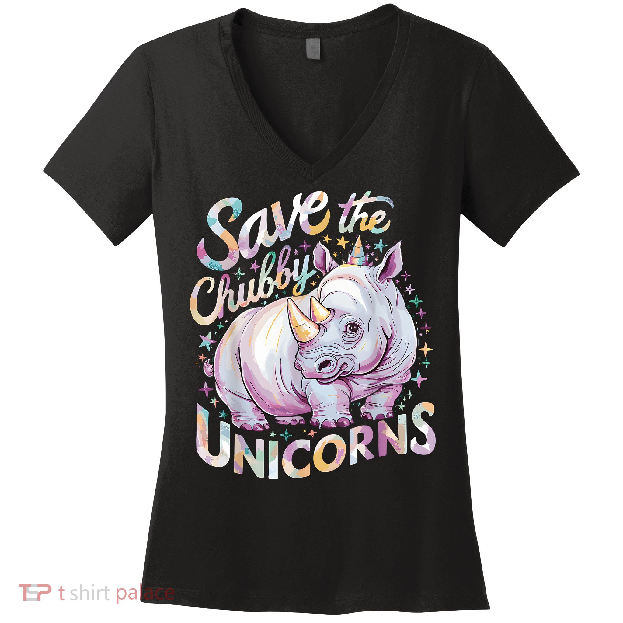 Save The Chubby Unicorns Funny Rhino Rhinoceros Women's V-Neck T-Shirt