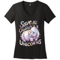 Save The Chubby Unicorns Funny Rhino Rhinoceros Women's V-Neck T-Shirt